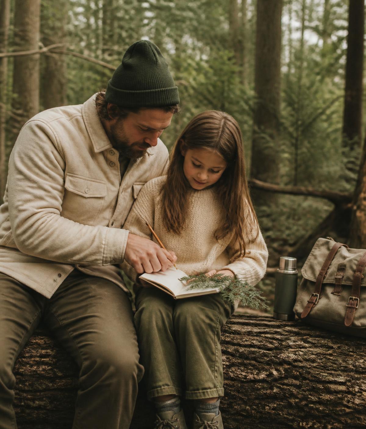 Founder portrait placeholder: a parent and child journaling in the woods