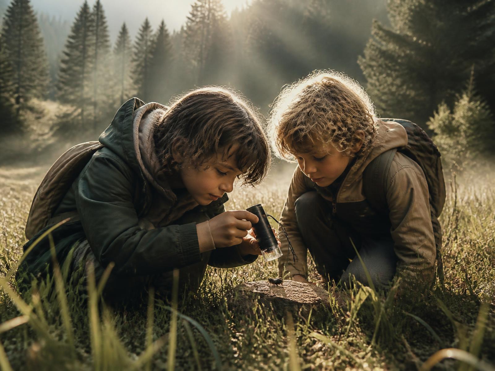 Children exploring a sunlit forest trail