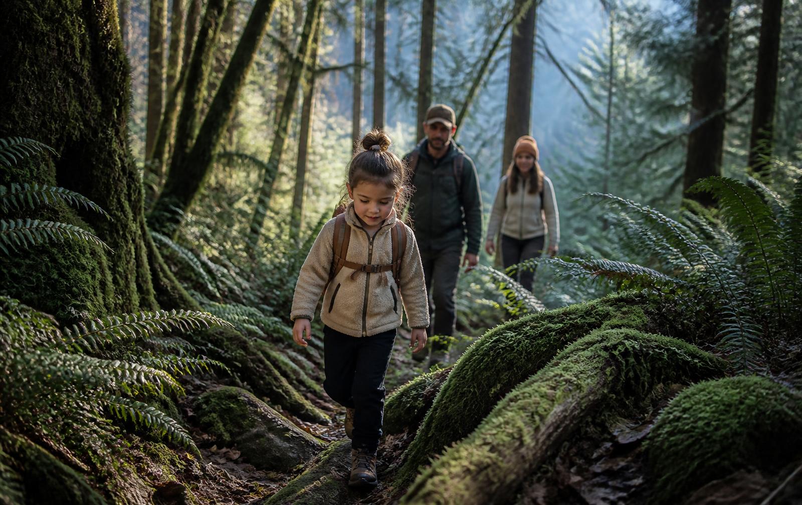 A family walking a wooded trail at golden hour